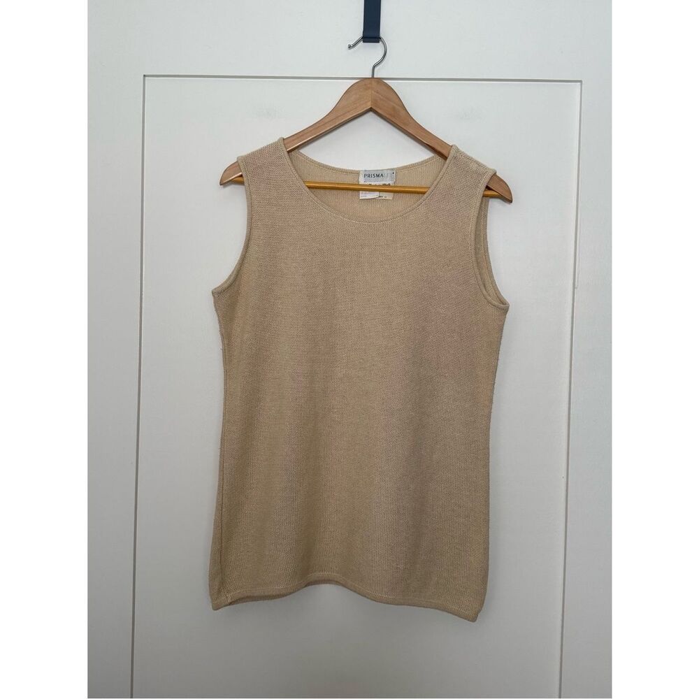 PRISMALEI Top Womens Sz L Tan Knit Sleeveless Linen Blend Italy Beach Resort